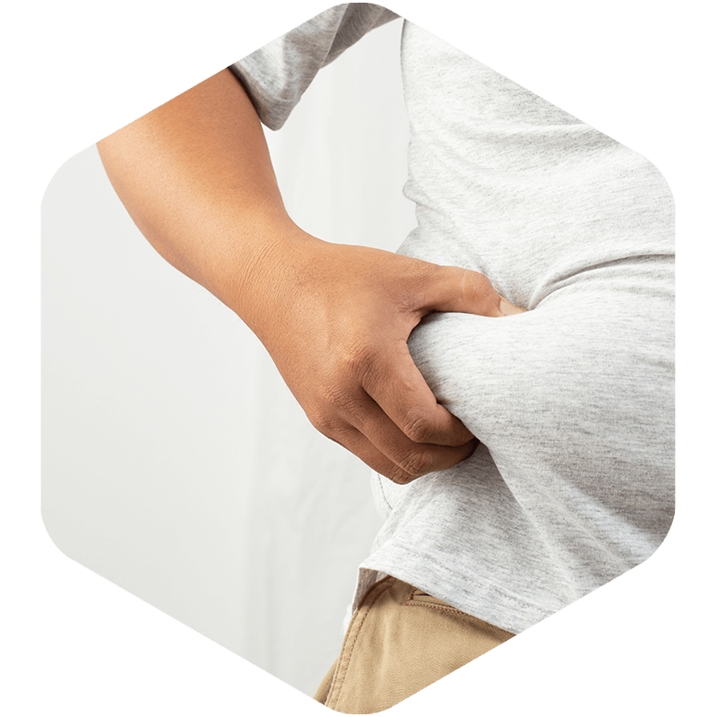 Person holding the fat on their waist.